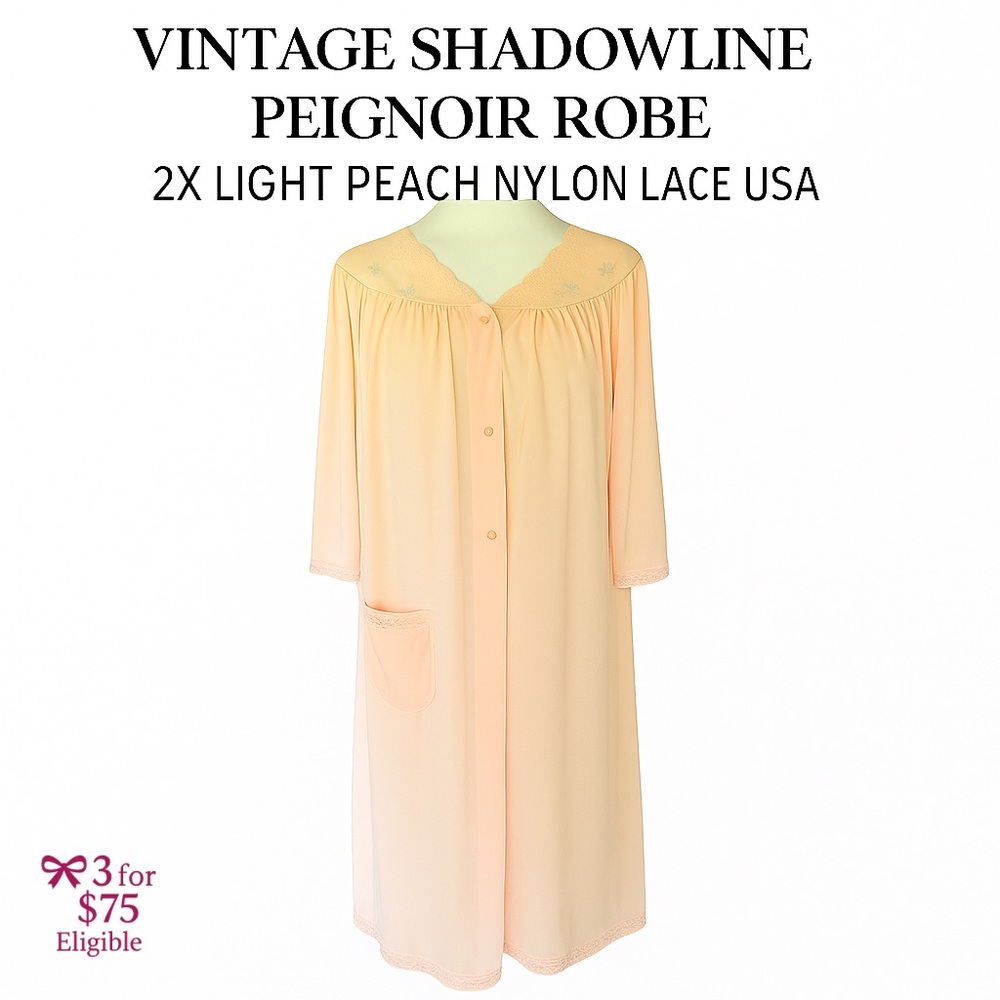 🎀 Vintage Shadowline 2X Peignoir Robe Light Peach Lace Nylon USA